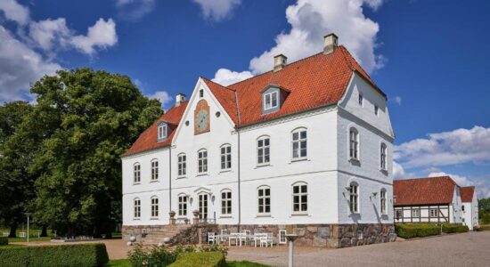 Et stort hvidt hus i to etager med rødt tegltag, mange vinduer og stenfundament ligger på en solrig dag omgivet af grønne hække, en grusbelagt indkørsel, træer og en blå himmel med skyer.